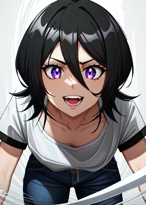 rukia,beautiful , highly detailed , unreal engine , octane render , slim and lean , detailed face, 8k high res ,serious, trousers, wearing T-shirt and jeans , 8k high res , extremely detailed eyes , masterpiece, gorgeous, award winning , close up of face , dynamic shadows,volumetric lighting, <lora:crazyExpressions:0.5>,constricted pupils , crazy eyes , crazy smile , crazy face , grinning,(mj:0.2)