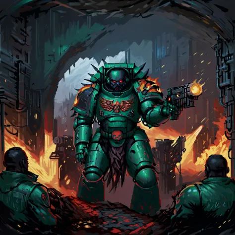 warriors in power armor battle with monsters, energy sword, flamethrower, holding weapon, starship corridor, slmndr, space marine, armor, weapon, science fiction, black skin, red eyes, face focus