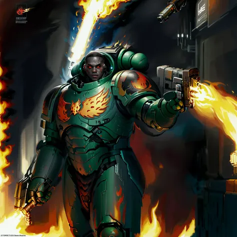 a warrior in power armor with a flamethrower, starship corridor, flames, fire, slmndr, space marine, armor, weapon, science fiction, black skin, red eyes, face focus