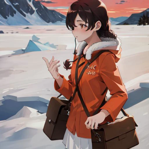 1girl, (arctic, outdoor, snowfield:1.3),
SouyaKC, hooded jacket, orange jacket, long sleeves, pleated skirt, white skirt, white pantyhose, (shoulder bag:1.3), upper body shot,
<lora:Souya-07:0.9>
