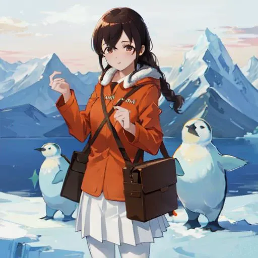 1girl, (arctic:1.3), (penguins:0.8), 
SouyaKC, hooded jacket, orange jacket, long sleeves, pleated skirt, white skirt, white pantyhose, orange footwear, (shoulder bag:1.2), cowboy shot,
 <lora:Souya-07:0.9>