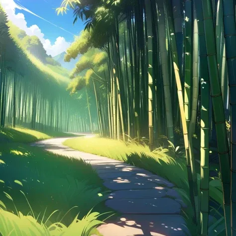 abstract style,high quality wallpaper,bamboo grove,sunny,grassland,HD,8k,perfect detail, masterpiece,best quality,ultra-detailed,
