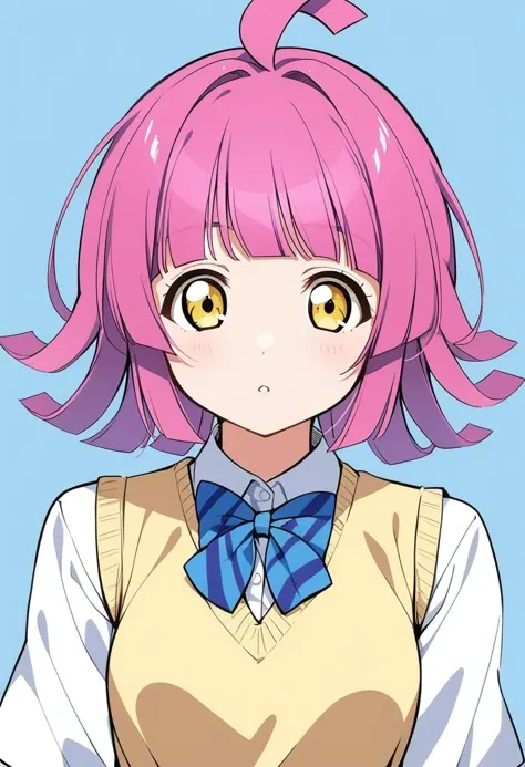 1girl, front view, love live tennouji rina, ahoge, yellow eyes, white shirt and blue bowtie and yellow sweater vest otonokizaka school uniform, simple blue background