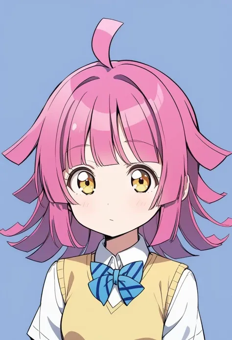 1girl, front view, love live tennouji rina, ahoge, yellow eyes, white shirt and blue bowtie and yellow sweater vest otonokizaka school uniform, simple blue background