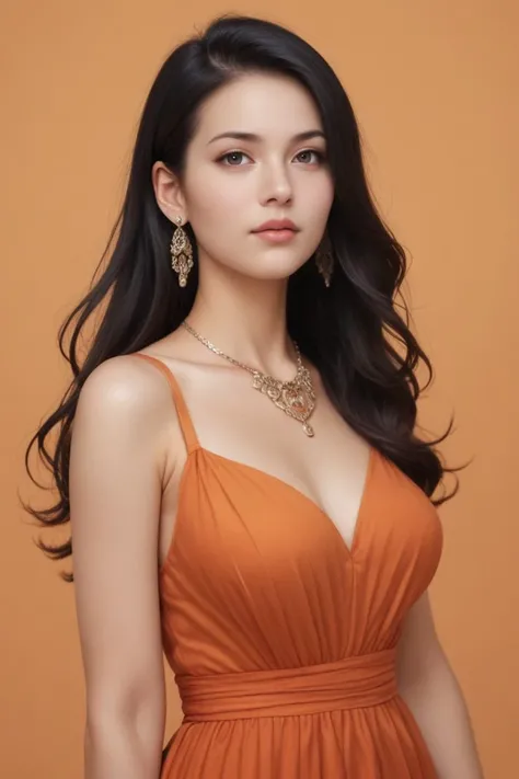 score_9, score_8_up, score_7_up,beautiful woman, 20 years old,
black hair, long hair, (ribbon-trimmed_dress), Detailed Skin Textures and detailed skin pores ,(Detailed glans) and beautiful mouth and face, earrings, necklace, (orange background),