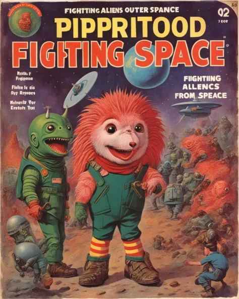 A vintage magazine cover featuring KippiBenKippod fighting aliens from outer space <lora:Kippi_Ben_Kippod_SDXL:1.0> <lora:SDXL-VintageMagStyle-Lora:1>