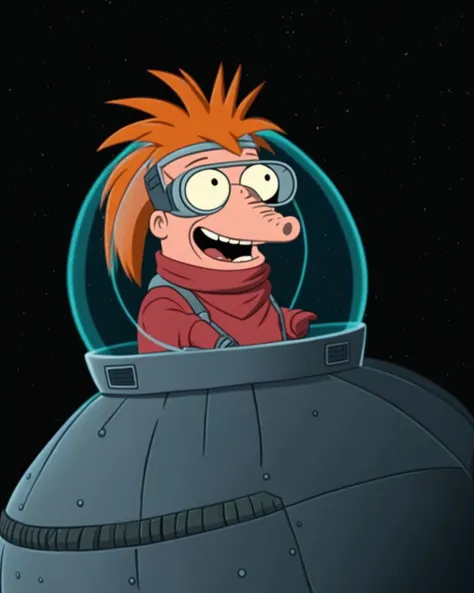 A cartoon of a FuturamaStyle KippiBenKippod on a spaceship <lora:Kippi_Ben_Kippod_SDXL:1.0>  <lora:SDXL-FuturamaStyle-Lora:0.8>