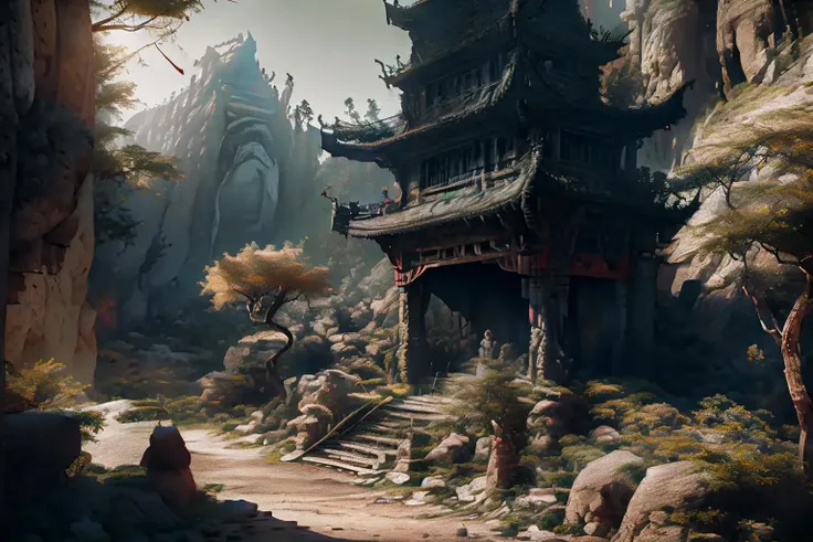 UHD, ccurate, textured skin, high details, super detail, best quality, shenhua,(1boy:1.2),(1 monster:1.2),full body, (Architecture:1.2), (Mountain:1.2), Canyon,<lora:WDshenhua2:0.8>