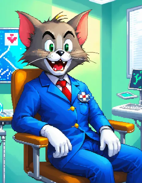 (Tom & jerry),Cartoon (Tom:1.35) cat as a doctor, in a doctor suit, in the dental office at the dentist's chair,  looking up with an adventurous gleam in his eyes, full body shot, pixel world