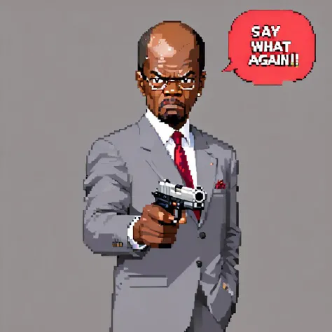 pixel art, samuel L Jackson text logo, speechbubble "(Say What Again!:1.35)" , holding a handgun, wearing a grey business suit, serious angry face,