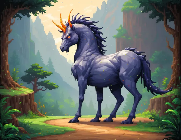 Robo-Kirin, dark fantasy, full body, 32k, artist Anato Finnstark, high detail, organic, photorealistic, sharp, detailed, cinematic, high definition, masterpiece, wide light, mesmerizing, award-winning, exquisite, magnificent, lush, radiant, breathtaking, stunning, pixel world, pixel art