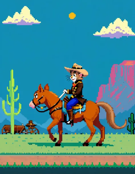 pixel world, (Tom & jerry),Cartoon (Jerry:1.35) mouse as a cowboy, dressed as a sheriff with a gun, riding a pony on the prairies, looking up with an adventurous gleam in his eyes, full length shot, (pixel art:1.2)