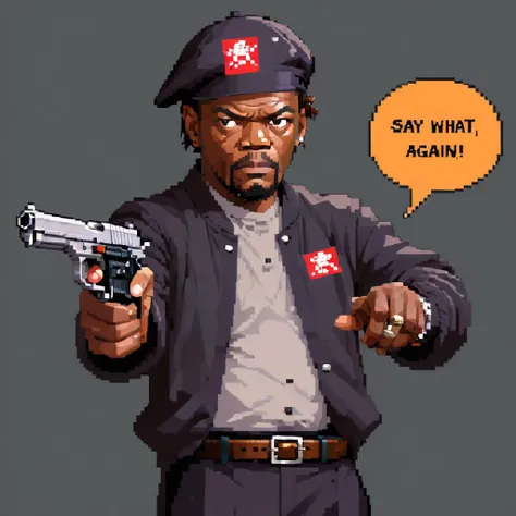 pixel art, samuel L Jackson text logo, speechbubble "Say What Again!" , holding a handgun pistol