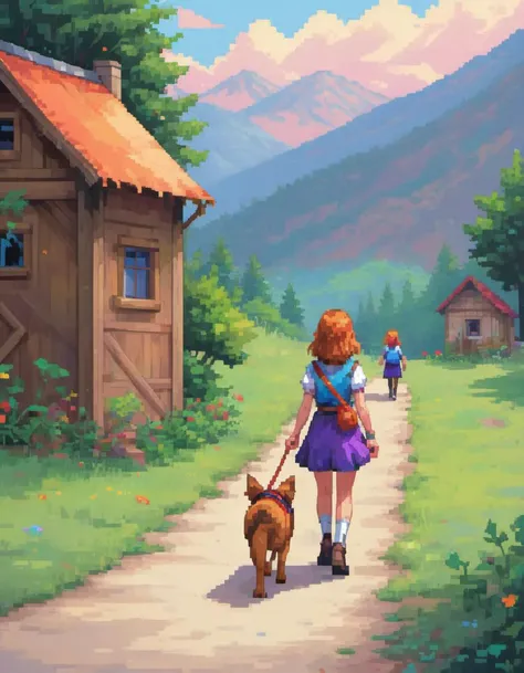 pixel world, a dog and a girl out of their house, wandering, delicate detailed, vivid colors