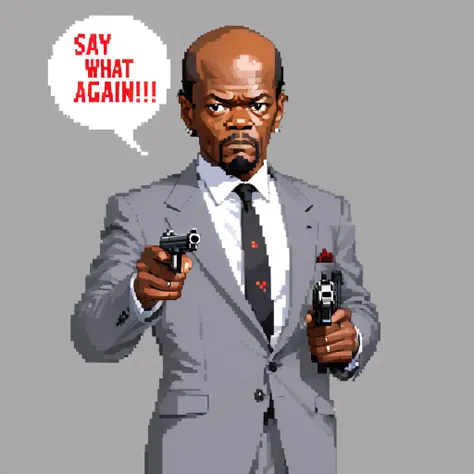 pixel art, samuel L Jackson text logo, speechbubble "Say What Again!" , holding a handgun, wearing a grey business suit,