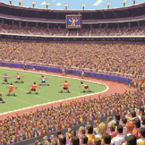 "Vintage sports game screenshot, featuring blocky athletes competing in a pixelated Olympic stadium, with a cheering crowd in the stands and a scoreboard displaying the current event and scores."

