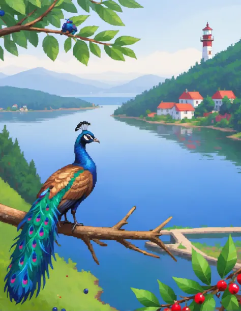 Close-up of a peacock and a peacock (female) sitting on the same tree branch, a branch with green leaves and blue berries and cranberries on the background of a lake, a lighthouse and houses on a hill, an ancient city, a lake, a sailing boat in the distance