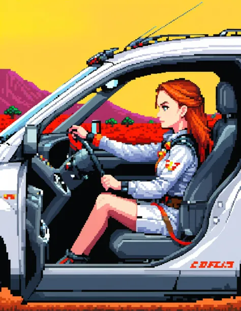 driving_a_car solo, 1girl, sitting, the steering wheel on the left, female focus, ground vehicle, offroad, side view,pixel world