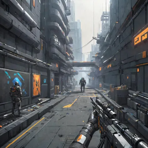 Gameplay view of a  first person shooter, futuristic and highly detailed, gaming graphics

