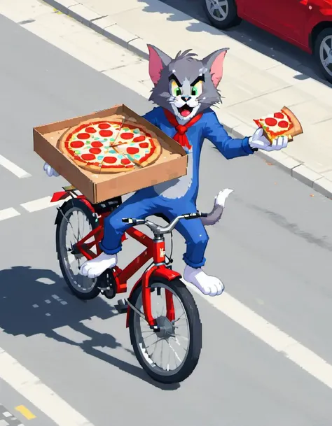 (Tom & jerry),Cartoon (Tom:1.35) cat as a pizza delivery guy, on the street city, Riding a bike with pizza boxes, dynamic shot,  looking up with an adventurous gleam in his eyes, full body shot, pixel world