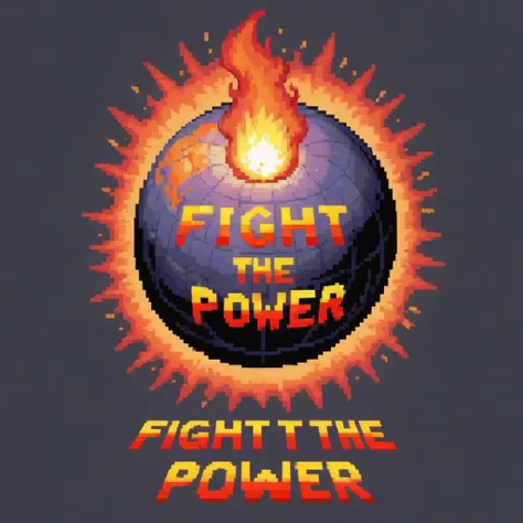 a pixel art of a 3D sphere, flaming text reads "fight the power"