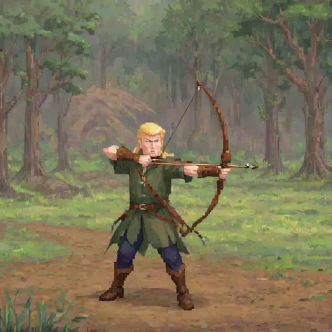 (pixel art:1.35), donald trump, wielding a bow, in lord of the rings, cosplaying as legolas, 