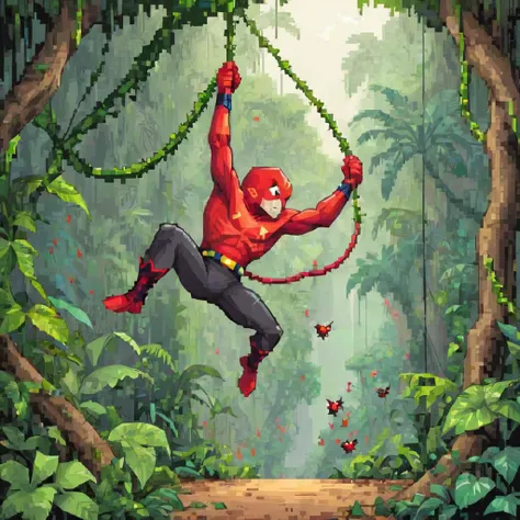 "Classic side-scroller action, pixel hero swinging from vines in a dense, enemy-filled jungle environment."

