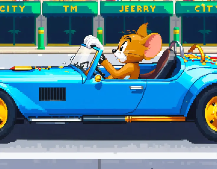 driving_a_car solo, (Tom & jerry),Cartoon (Jerry:1.35) cute brown mouse, sitting, the steering wheel on the left, focus Jerry, ground vehicle, side view,pixel world, city street