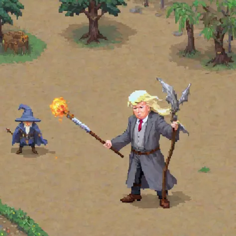 (pixel art:1.35), (donald trump:1.35), wielding a staff, in lord of the rings, cosplaying as gandalf, 