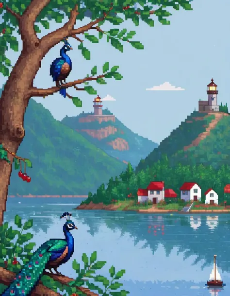 Close-up of a peacock and a peacock (female) sitting on the same tree branch, a branch with green leaves and blue berries and cranberries on the background of a lake, a lighthouse and houses on a hill, an ancient city, a lake, a sailing boat in the distance, (pixel art:1.35)