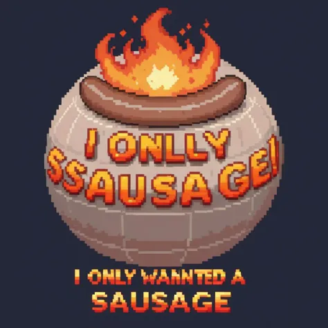 a pixel art of a 3D sphere, flaming text reads "i only wanted a sausage"