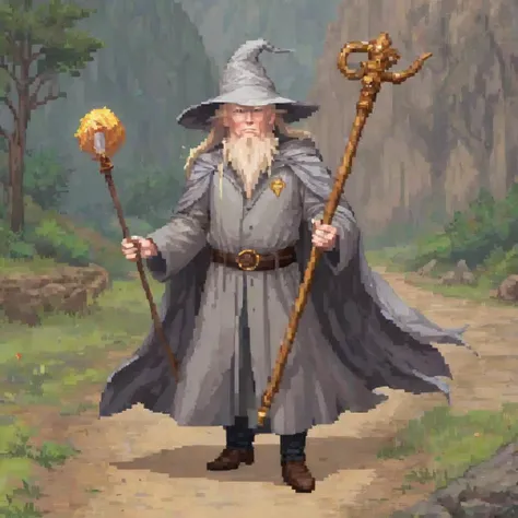 (pixel art:1.35), donald trump, wielding a staff, in lord of the rings, cosplaying as gandalf, 