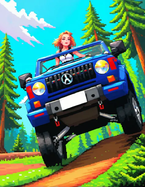 Cute girl, driving_a_car, wheel, offroad, side view from below, wide angle, energy, beautiful face, beautiful legs, colorful colors, detailed background beautiful sunny day, coniferous forest,pixel world