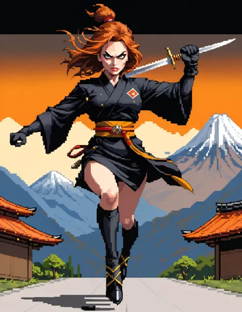 pixel world, Assassin woman, perfect detailed face ((wearing black kimono)), (dagger), ((black gloves)), dramatic dynamic pose running towards the camera, (gold), (orange), (black background), highly detailed, 8K, (greg rutkowski), trending on artstation, artgerm, (Simon Bisley), medium shot, the roofs of Japanese pagodas and mountains in the background, action pose, dynamic shot, (pixel art:1.2)