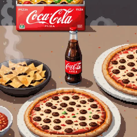 soft drinks advertisement, white lettering, logo text reads  "coca cola", on side of a bottle, a steaming hot pizza and a bowl of nachos are visible behind,

pixel art