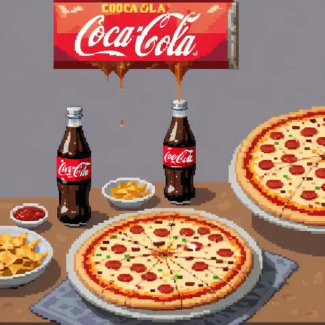 soft drinks advertisement, white lettering, logo text reads  "coca cola", on side of a bottle, a steaming hot pizza and a bowl of nachos are visible behind,

(pixel art:1.35)