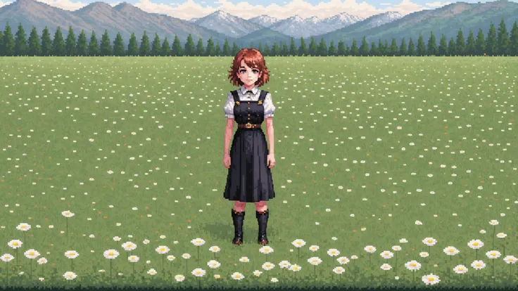 woman standing in a field of daisies, pixel art