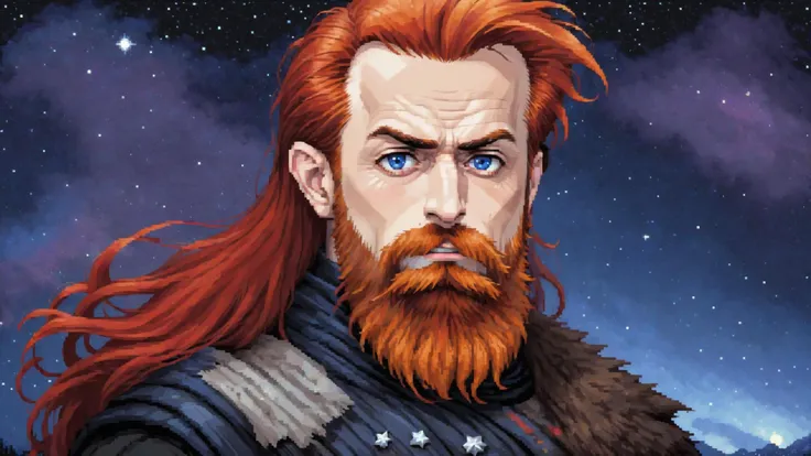 animesean, rugged red haired man, huge pointed beard, closeup,( pixel art:1.35), stars in the night sky, galaxy backdrop,
