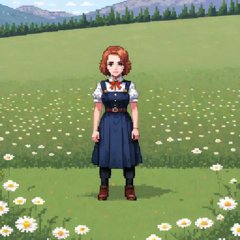 woman standing in a field of daisies, pixel art