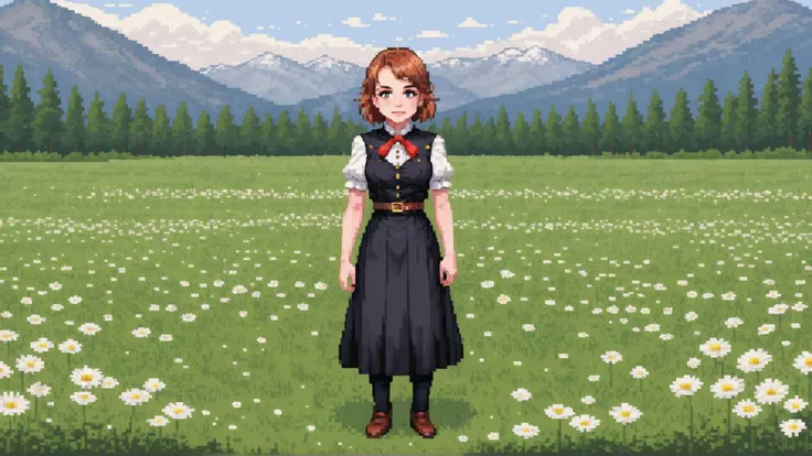 woman standing in a field of daisies, pixel art