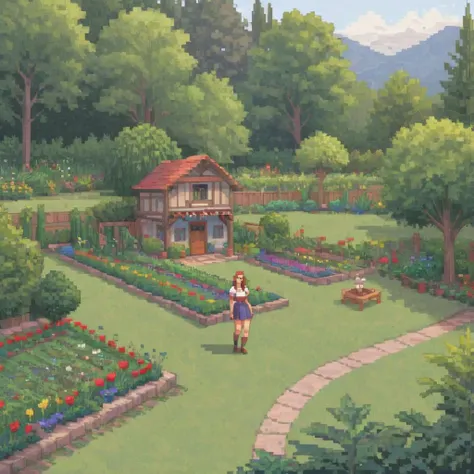 ( pixel art,:1.35) sofia, medium shot, smiling in a beautiful garden, intricately detailed pixel masterpiece