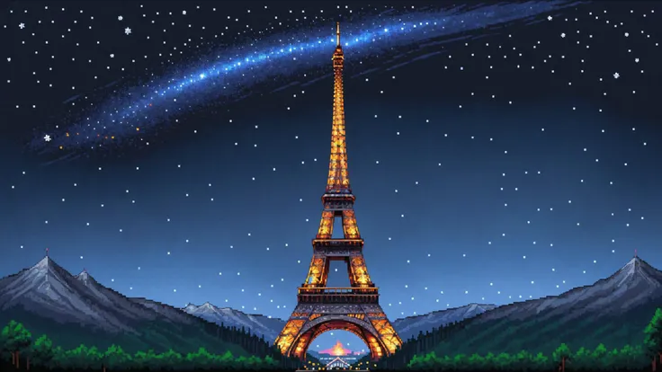 the eiffel tower pixel art, stars in the night sky, galaxy backdrop,