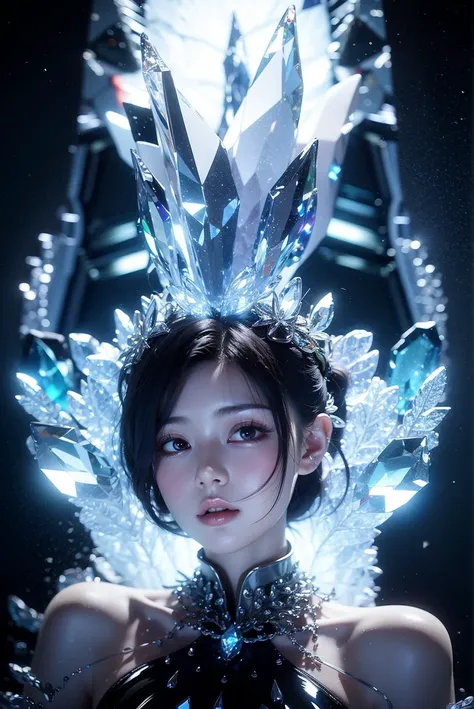 1girl,upper body,(looking at viewer:1.4),crystal_background,from below,<lora:bingjing_fuyao768:0.8>,