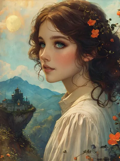 masterpiece,best quality, upper body, a skinny girl aged 20yo, (cute_freckles:0.4), perfect eyes, dynamic pose, sisters, dreamy, floating island, kissing,
, <lora:tbh144-:0.8> illustration,style of Warwick Goble
