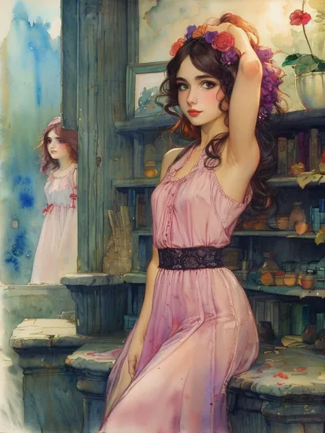 masterpiece,best quality, upper body, a skinny girl aged 20yo, (cute_freckles:0.4), perfect eyes, dynamic pose, sisters, dreamy, salon, watercolor,
, <lora:tbh144-:0.8> illustration,style of Warwick Goble