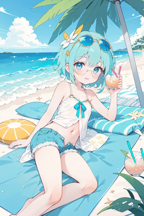 1girl,solo,(flat color:1.3),gumi short-hair,green_hair,snowflake hair ornament,medium breasts,cleavage,covered navel,white shirt dress,bare shoulders,blue shorts,glasses on head,looking at viewer,light smile,light blush,on side,lying,sea,shore,blue sky,sunlight,light particles,coconut tree,parasol,beach mat,holding cup,drink,nijistyle,