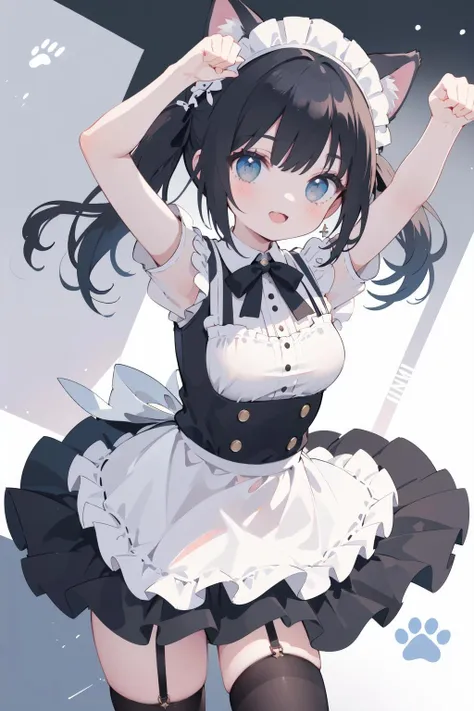 absurdres, absolutely resolution, incredibly absurdres, highres, ultra detailed
BREAK
(1girl, solo:1.4), beautiful and shiny skin, coquettish skin, dynamic angle, close-up, cowboy shot, smile
BREAK
maid, maid headdress, maid apron, cat ears, black thighhigh, garter belt, (arms up, paw pose:1.2), twintails
BREAK
paw, paw stamps background
BREAK
nice hands, perfect hands, <lyco:GoodHands-beta2:1.0>