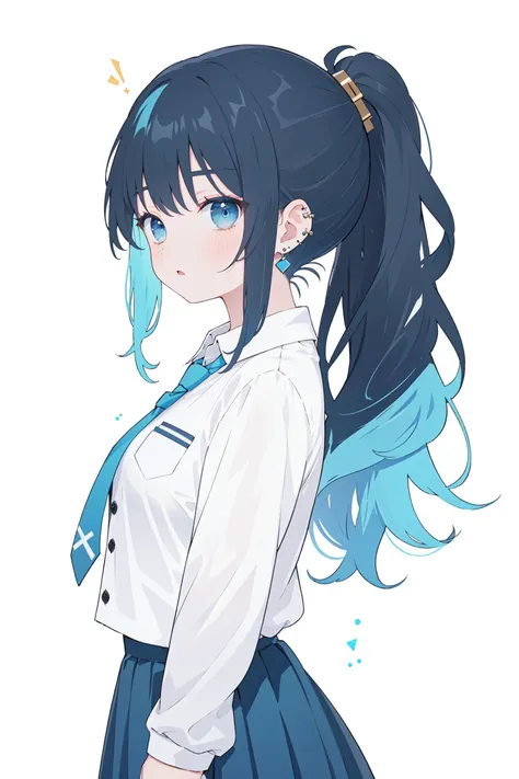 (masterpiece:1.2),best quality,PIXIV,flot,1girl,solo,skirt,necktie,black hair,long hair,shirt,simple background,blue background,multicolored hair,pleated skirt,jewelry,school uniform,white shirt,blue hair,black skirt,earrings,looking at viewer,collared shirt,from side,breasts,long sleeves,ear piercing,piercing,ponytail,wavy hair,blue eyes,
