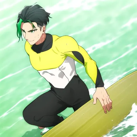 high quality, highres, absurdres, nsfw, 1boy, solo focus, muscular male, black and white bodysuit, green wetsuit, (facing viewer, looking at viewer), black hair, green dyed bangs, hair slicked back, dot cheek, soichiro william mori <lora:Soichiro_William_Mori_v2:0.7> , standing, beach, wet, wet hair, sweat, light smile, holding surfboard,