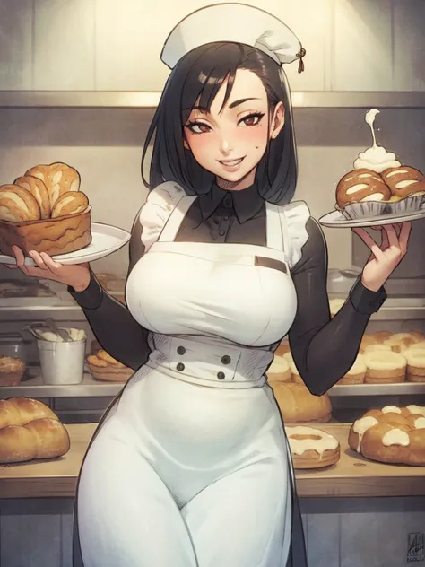 best quality, adult woman, succubus, chubby, baker, happy, white apron, chef's hat, inside, bakery